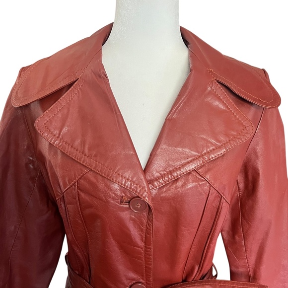 Vintage Dark Orange Leather Longline Trench Coat 70's Chic - Picture 7 of 10